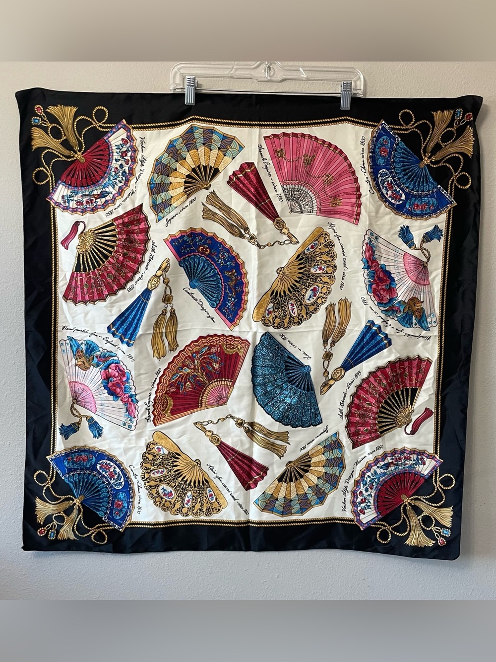 Vintage Avon Made in Italy Fan Print Square Scarf Black Gold Jewel Tone